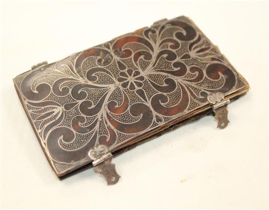 A Charles I silver and tortoiseshell prayer book cover, c.1640, 4.5in.